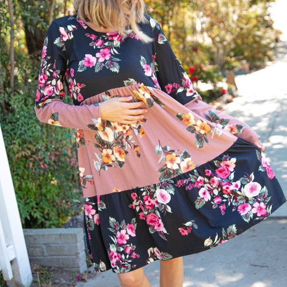 FLORAL PRINT TIERED COLOR BLOCK DRESS - Picture 2 of 5